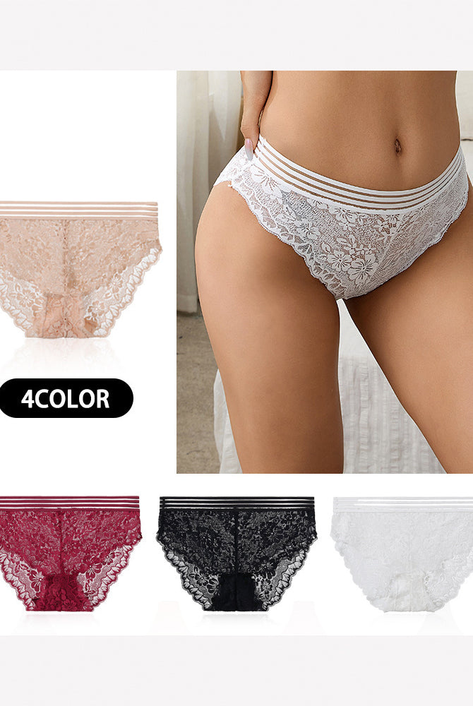 4-color set of high-rise lace panties in apricot, black, red, and white with striped waistbands