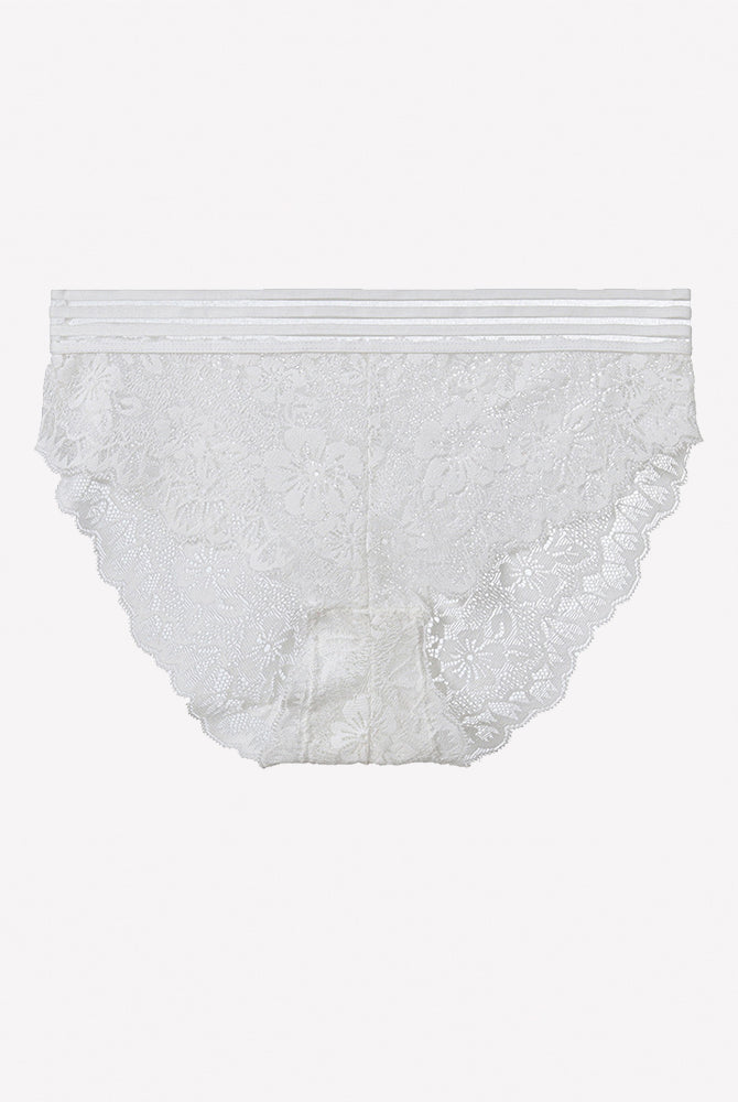 White high-rise lace panties with floral sheer pattern and striped waistband