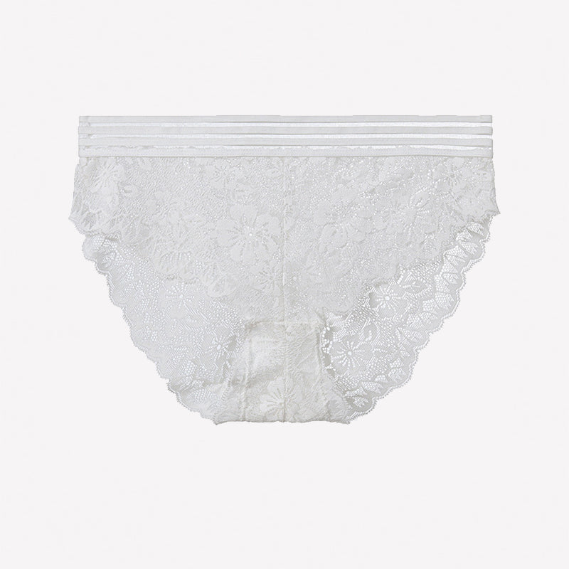 White lace high-rise panties with striped waistband and scalloped edges