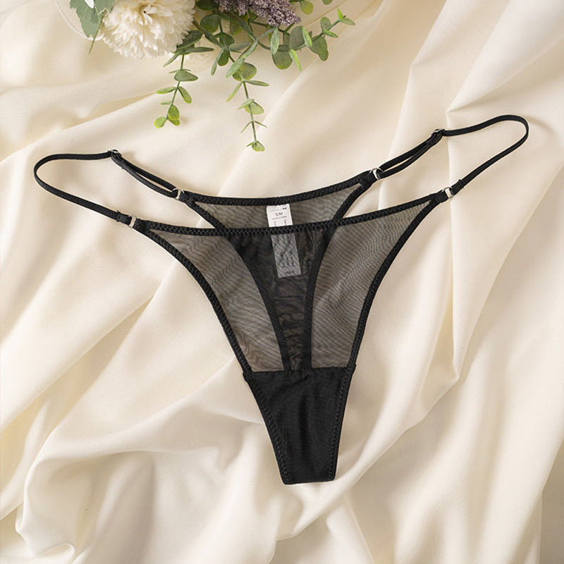 Black sheer mesh thong with double straps and low-rise V-cut