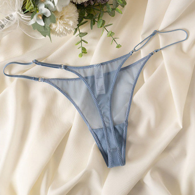 Blue sheer mesh thong with double straps and low-rise V-cut