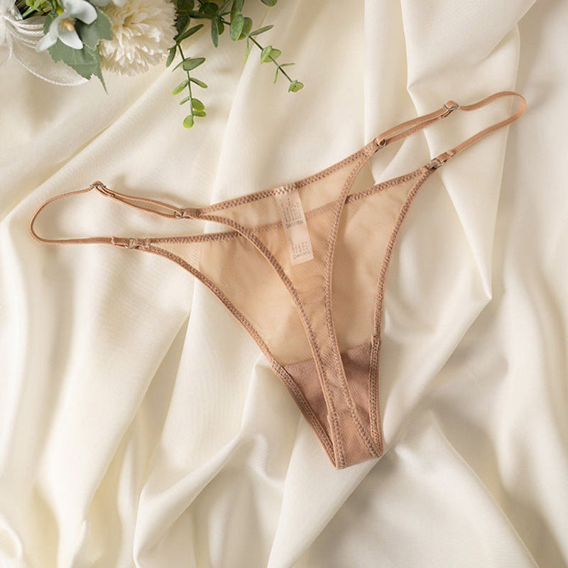Tan sheer mesh thong with double straps and low-rise V-cut