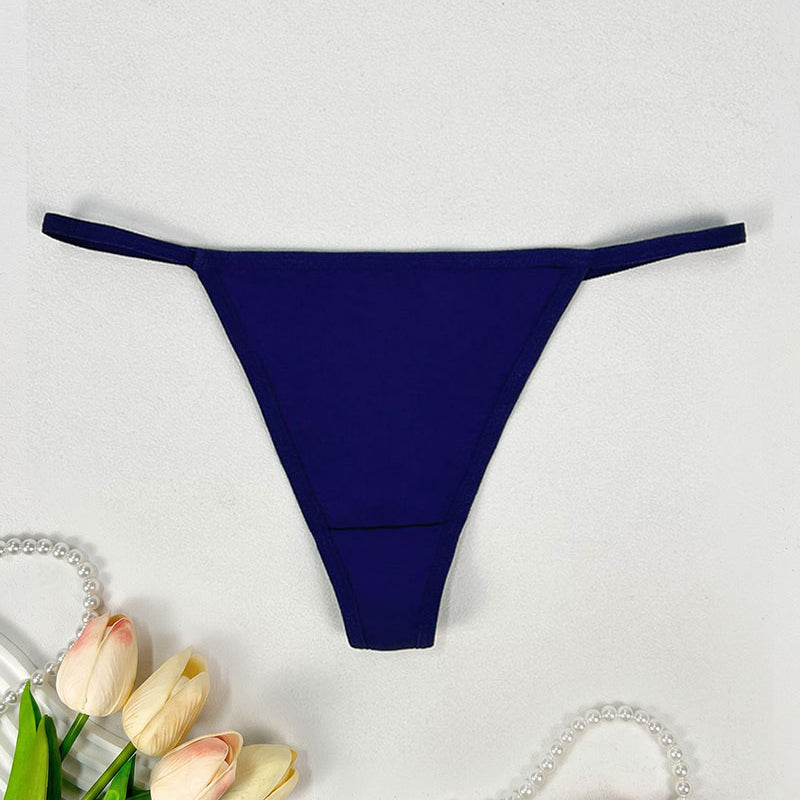Low-rise thong panties in dark blue with smooth seamless design and soft coverage.