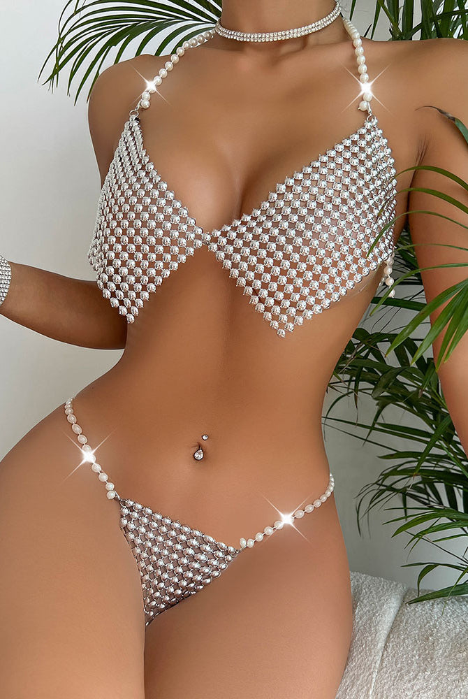 Silver rhinestone halter bikini set front view with V-cut bra and triangle bottoms