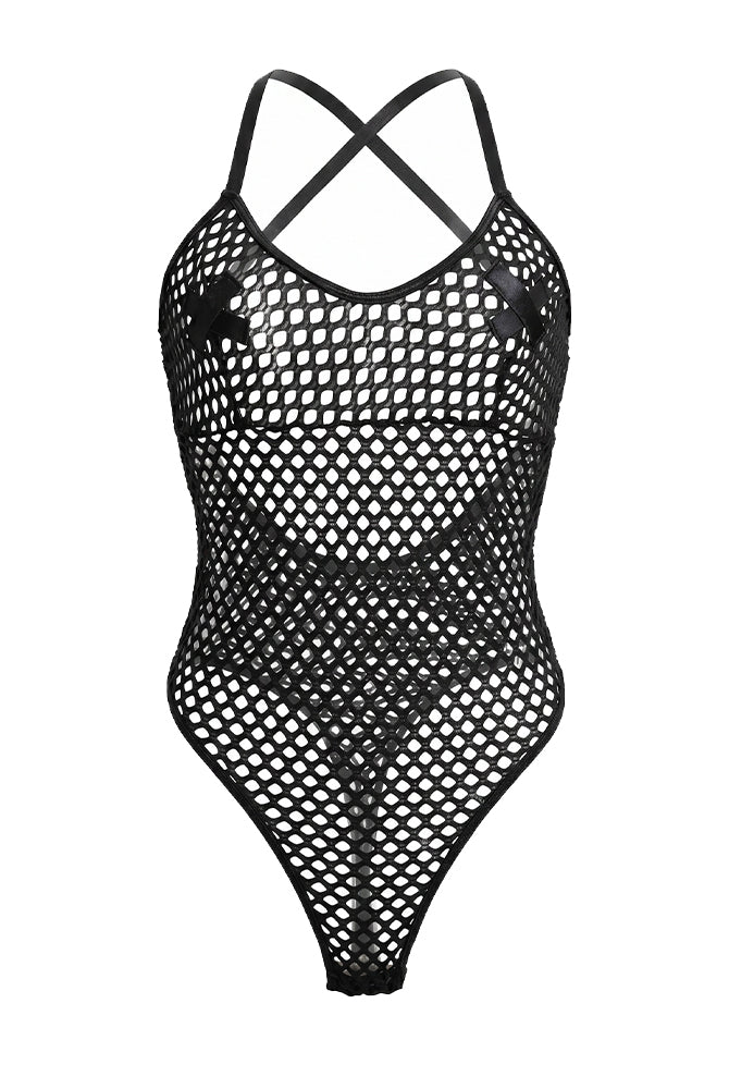Black fishnet mesh bodysuit teddy with crisscross back straps, front cutouts