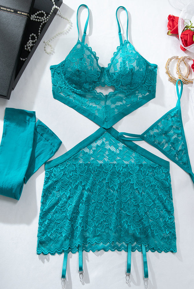 Teal lace babydoll chemise set laid out with bra top and garter straps
