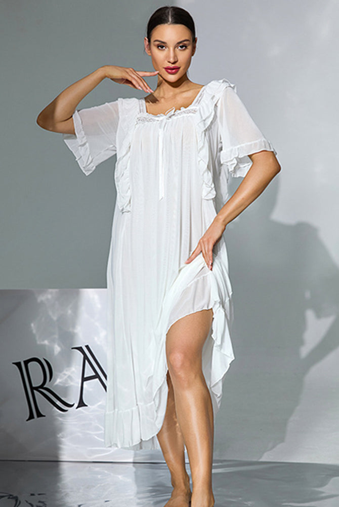 White double-layer nightgown with ruffled trim, square neckline, short sleeves, side slit
