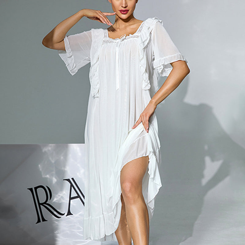 White double-layer nightgown with ruffled trim, square neckline, short sleeves, side slit