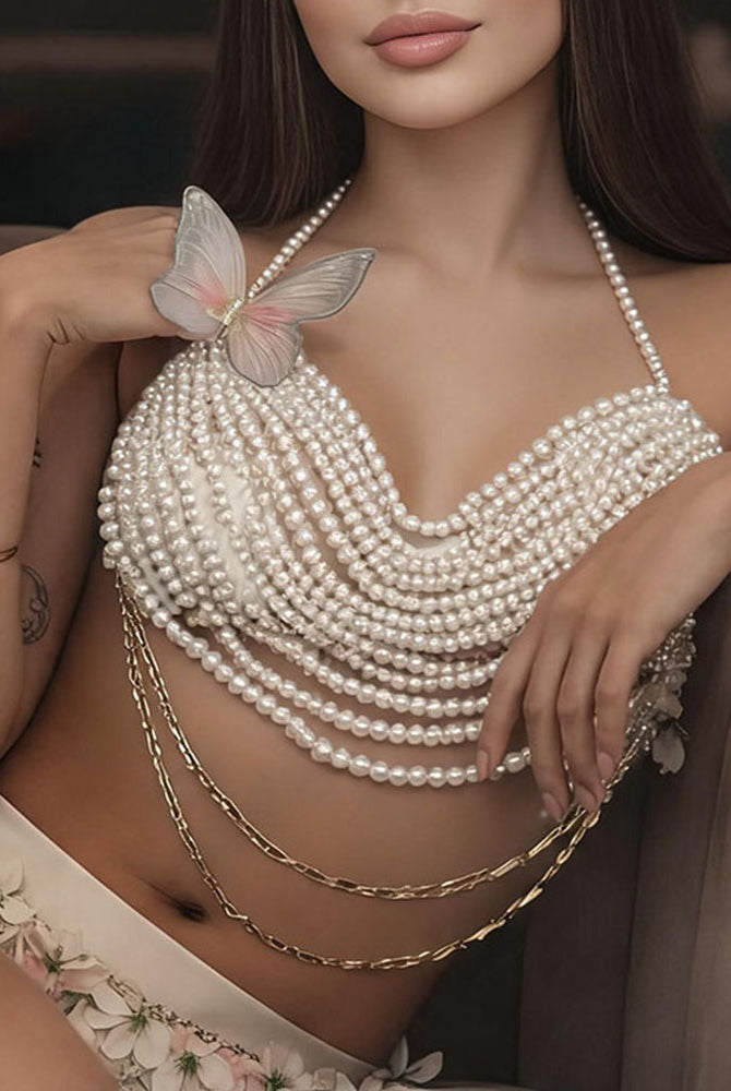White pearl halter top with butterfly applique, multi-row bead drape and gold trim chain