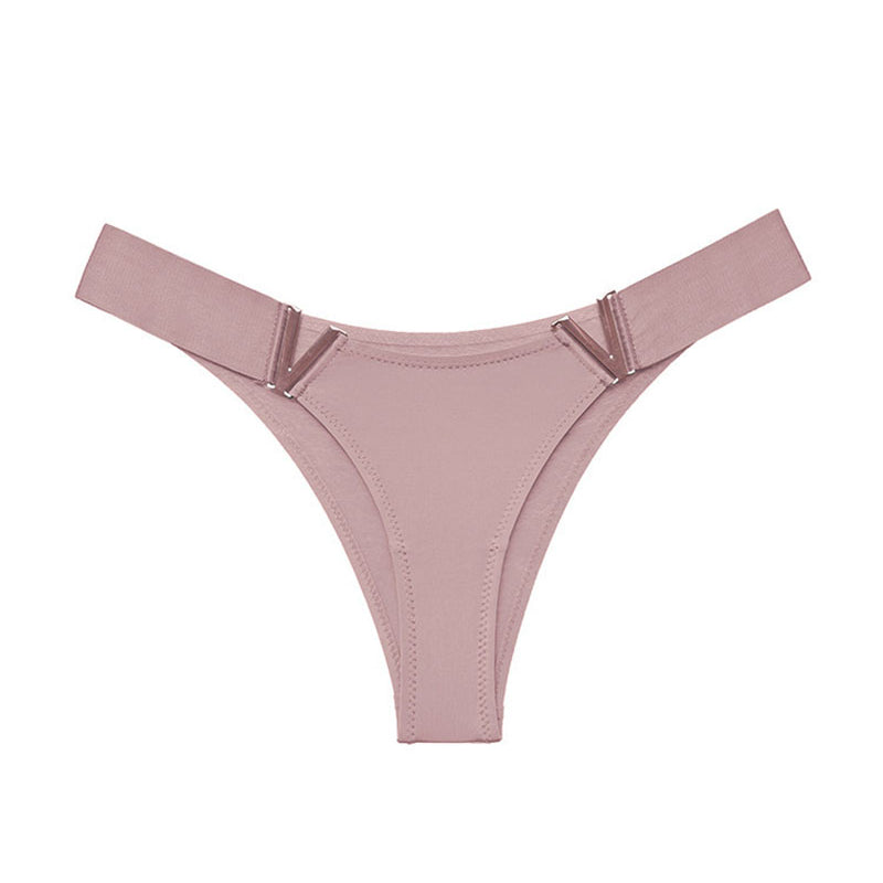 Pink minimal coverage thong with silver V metal accent detail