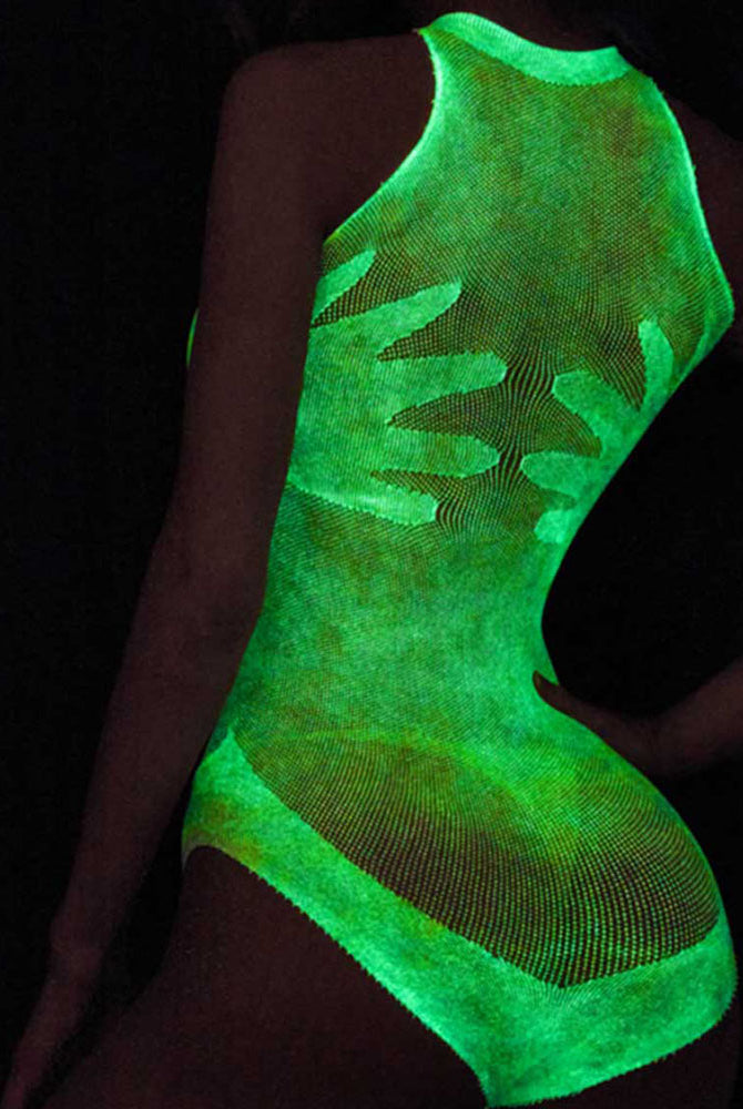 Glow-in-the-dark green mesh bodysuit front view with luminous grid-like texture