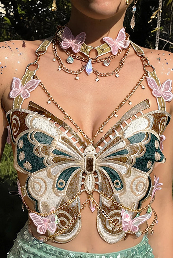 Embroidered butterfly sequin top with layered gold chain straps and pink butterfly charms