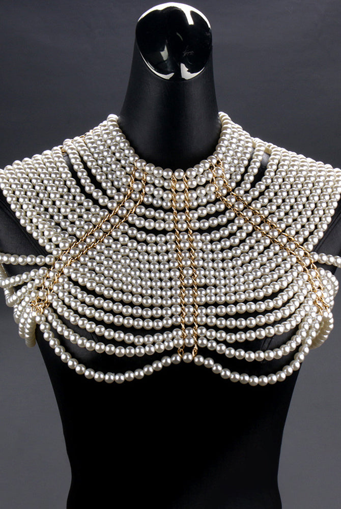 Pearl chain shoulder embellishment with gold clasp and layered pearl strings