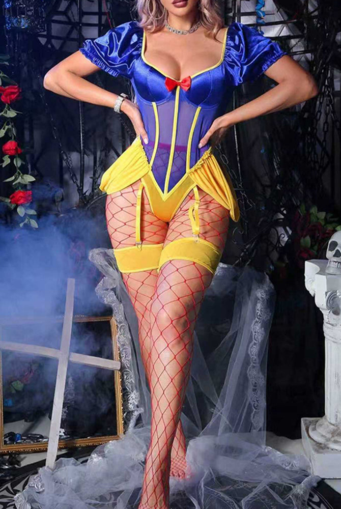 Blue satin cosplay bodysuit with puff sleeves, yellow panels, red bow, and fishnet stockings