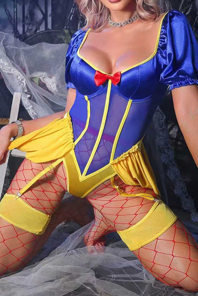 Blue satin bodysuit with yellow-trimmed skirt, red fishnet stockings, ruffled trim