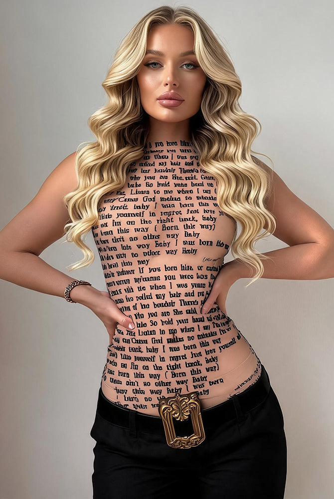 Sheer halter mesh top with allover lyric text print, pink-beige