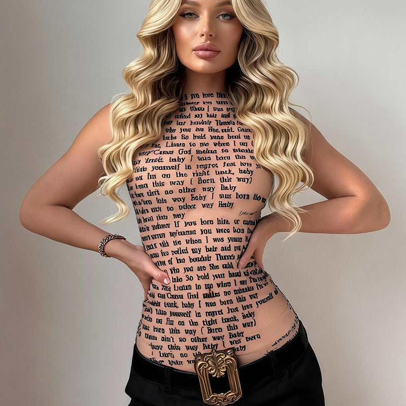 Sheer halter mesh top with allover lyric text print, pink-beige