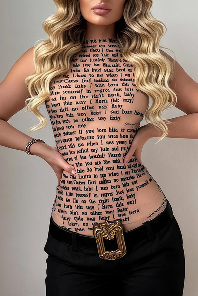 Sheer halter mesh top with lyric text print, pink-beige
