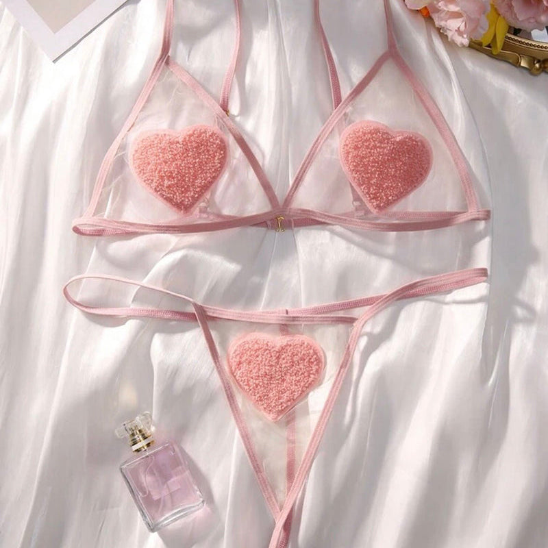 Pink sheer bra and thong set with heart appliqués and matching tie straps