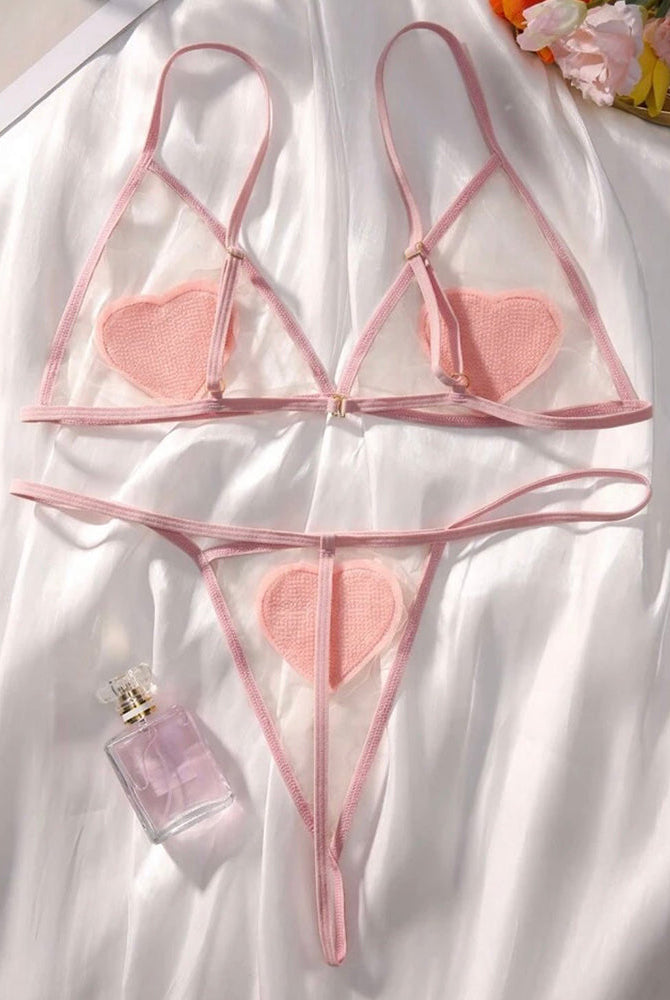Pink sheer heart bra and thong set, heart appliques on triangle bra and thong