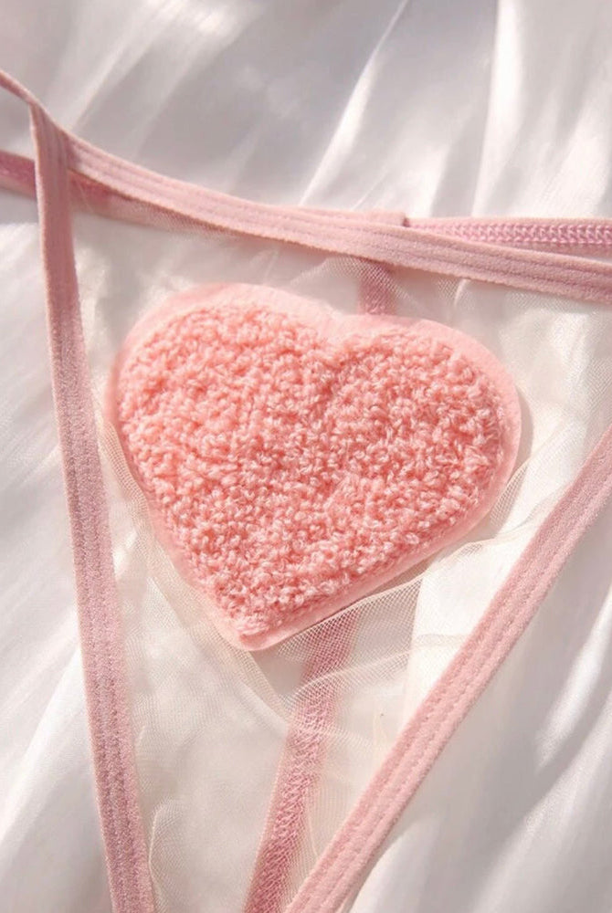 Pink sheer heart bra cup and thong set, fuzzy heart applique on sheer mesh