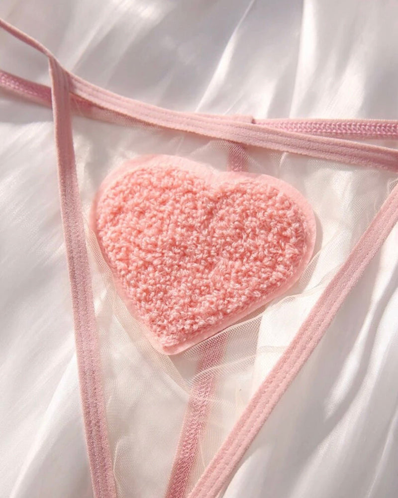Pink sheer thong with large heart appliqué front panel