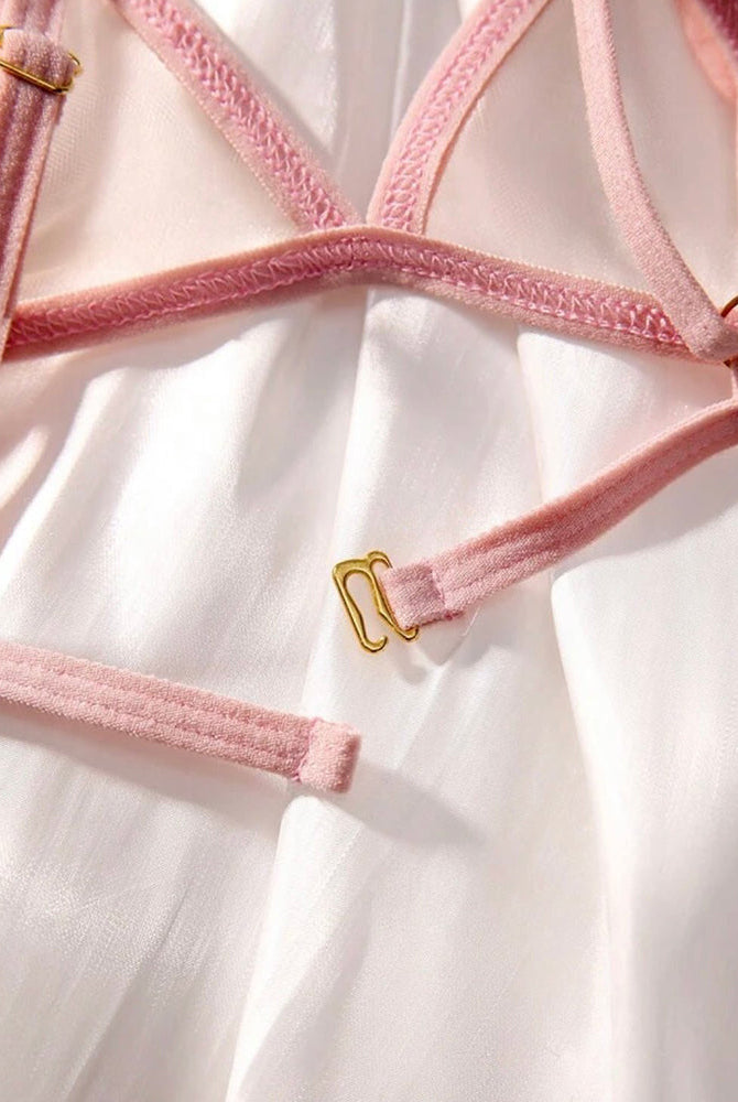 Pink sheer heart bra and thong set, adjustable straps with gold-tone clips