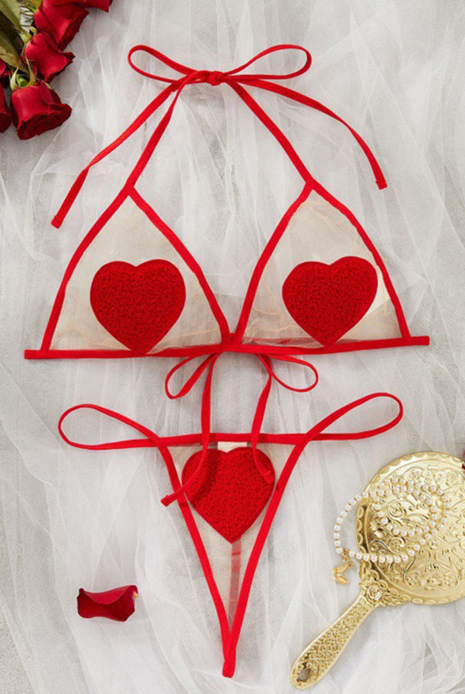 Red sheer heart bra and thong set, heart appliques on triangle bra and thong