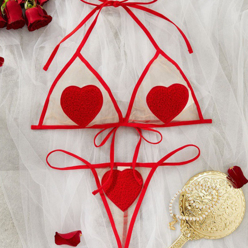 Red sheer heart appliqué bra and thong set with heart appliqués and ribbon ties