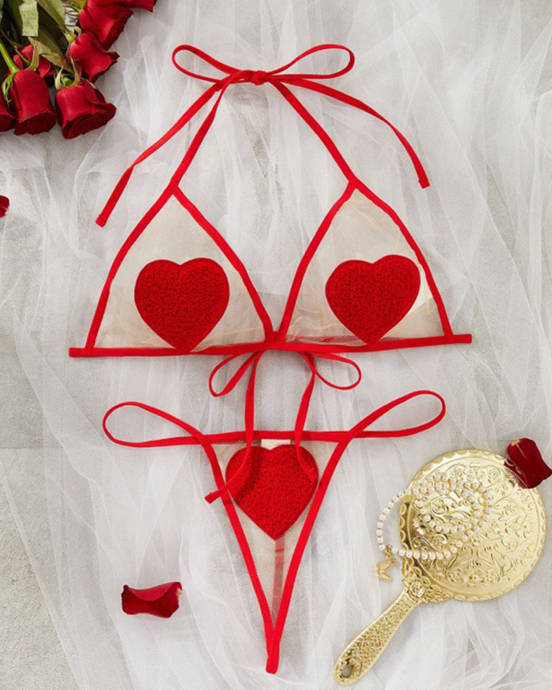 Red sheer heart appliqué bra and thong set with heart appliqués and ribbon ties