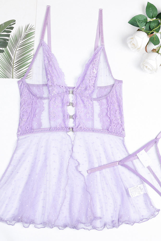 Light purple lace dot mesh babydoll set laid flat with thong included
