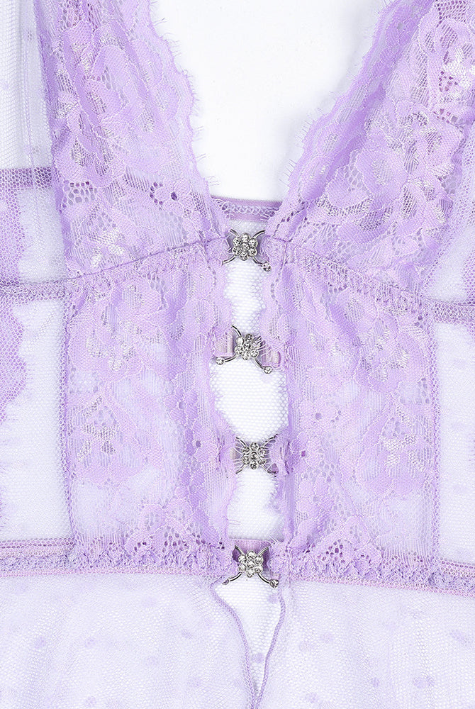 Light purple lace dot mesh babydoll open front with decorative clasp buttons