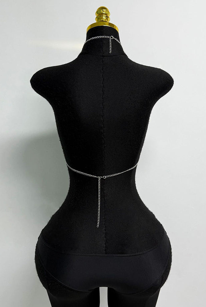 Multicolor beaded body chain back view with single central chain and layered straps