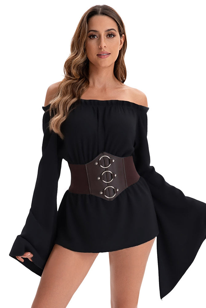Pirate off-shoulder mini dress with brown corset belt and long cape sleeves