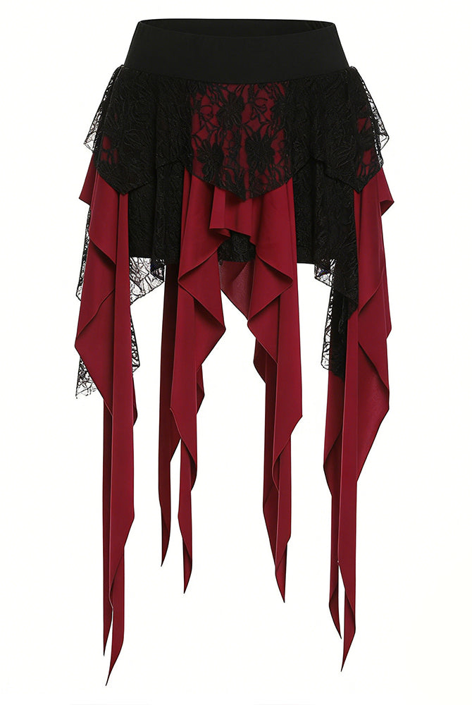 Pirate skirt with black lace yoke and layered red hanging panels