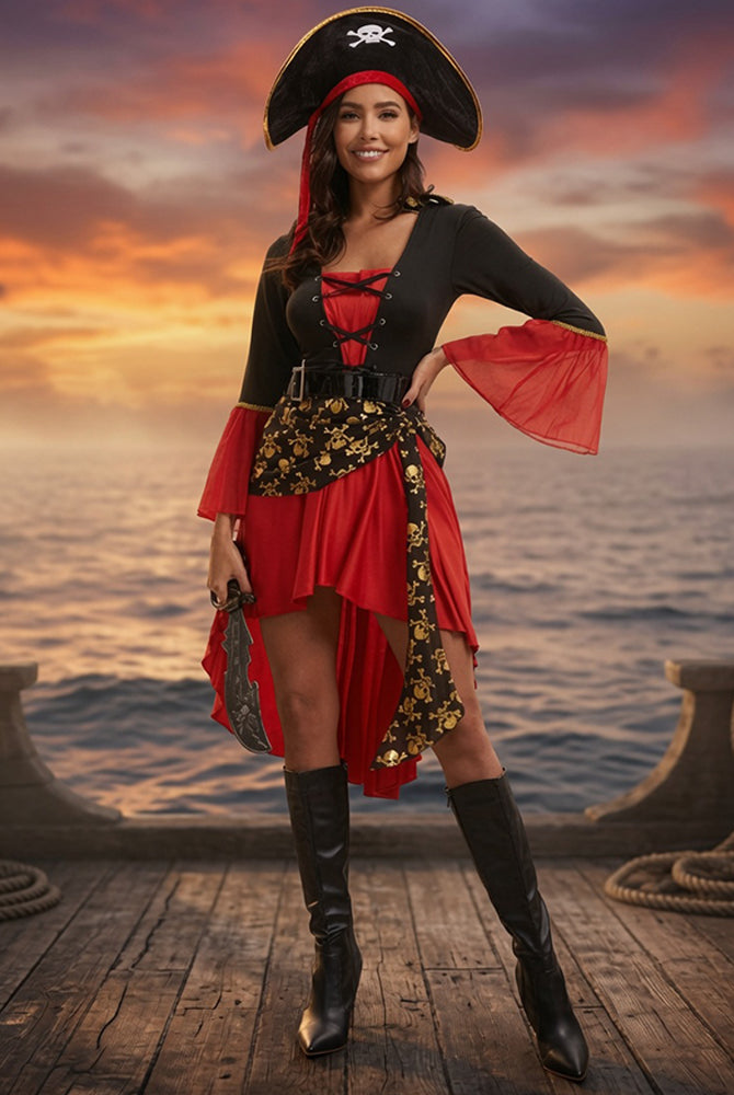 Pirate lace-up dress with flared red sleeves, black corset bodice, gold print skirt
