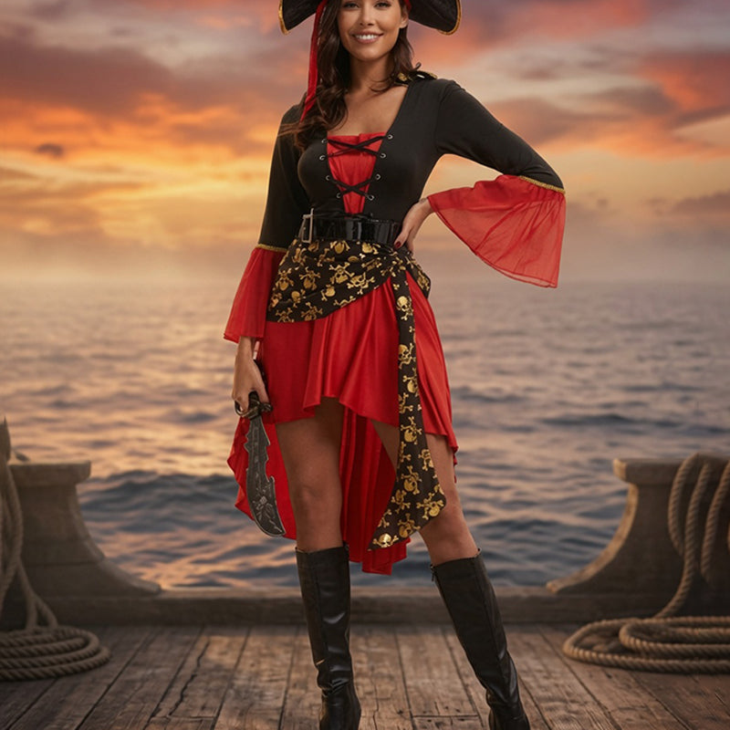 Pirate lace-up dress with flared red sleeves, black corset bodice, gold print skirt