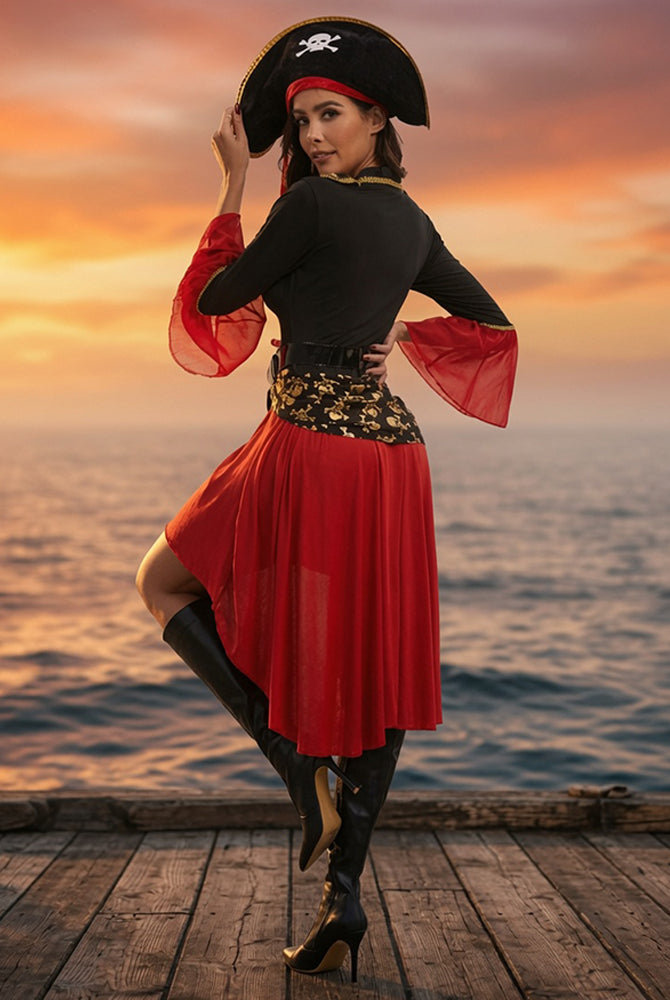 Pirate lace-up dress with red skirt, black bodice, gold print waist panel, hat