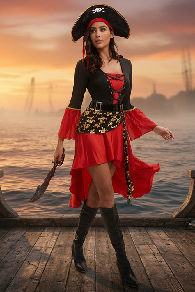 Pirate lace-up dress with layered red skirt, black bodice, gold print waist panel, hat