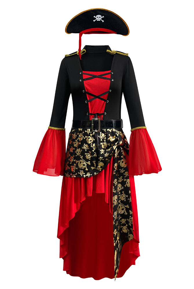 Back view of pirate lace-up dress with gold print ruffled panel, red layered skirt