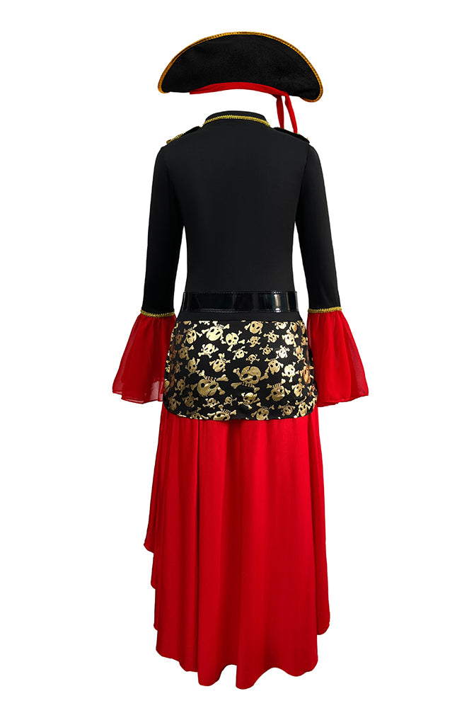 Back view of pirate lace-up dress with long red skirt tiers and gold print waistband