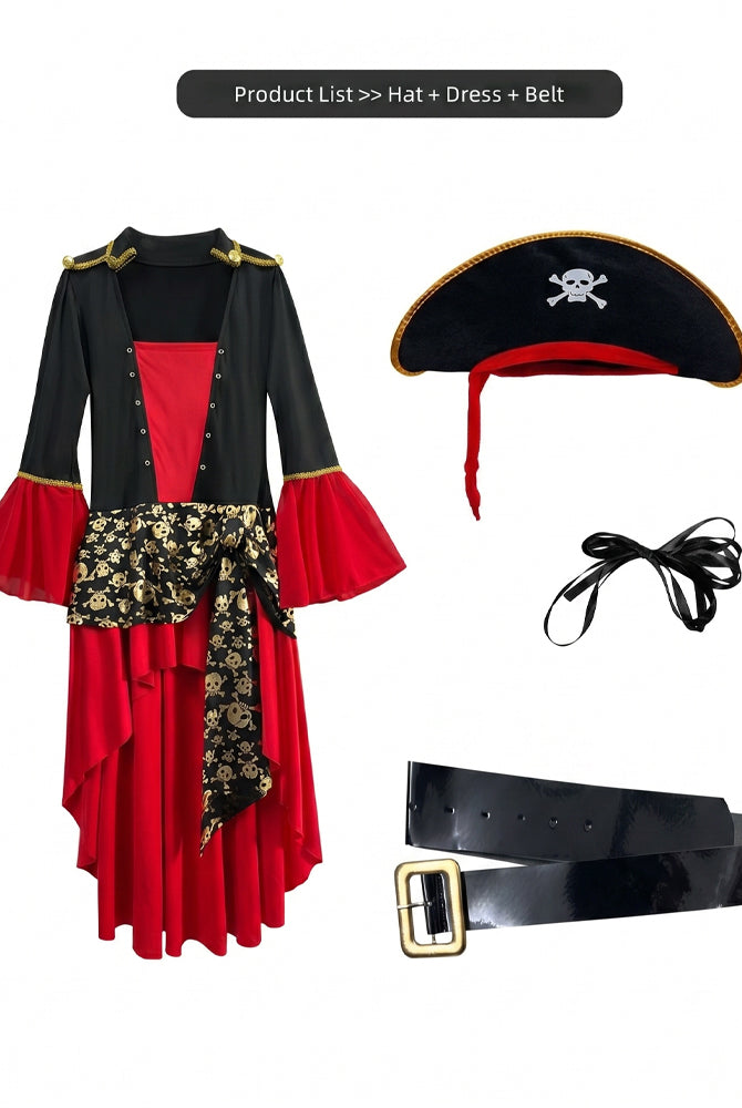 Pirate costume set: black dress, matching hat, and black ribbon belt with buckle
