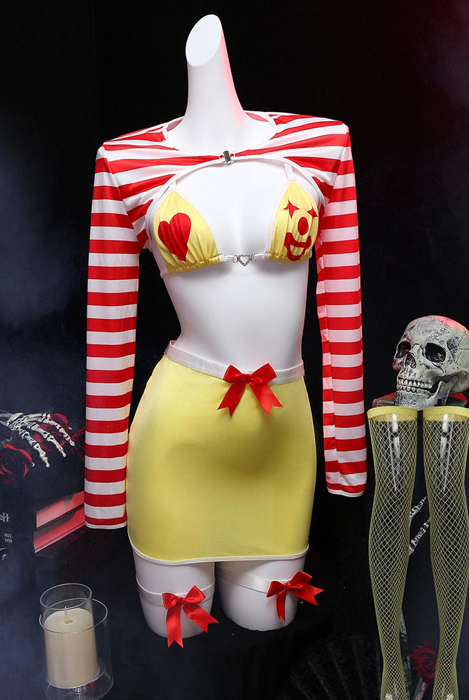 Mannequin wearing yellow mini skirt with striped top, lingerie bra, and fishnet stockings.