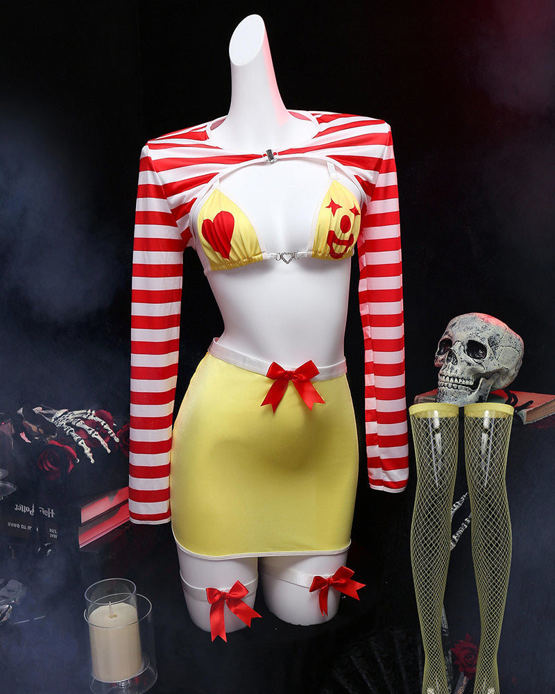 Mannequin wearing yellow mini skirt with striped top, lingerie bra, and fishnet stockings.