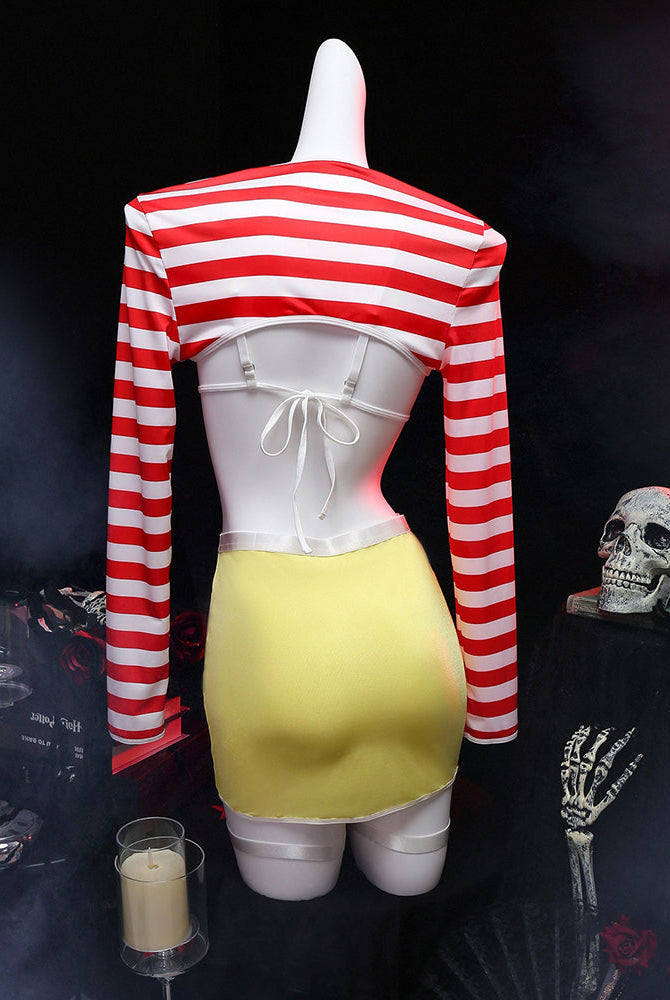 Mannequin back view: striped long-sleeve top with tied back and yellow mini skirt.