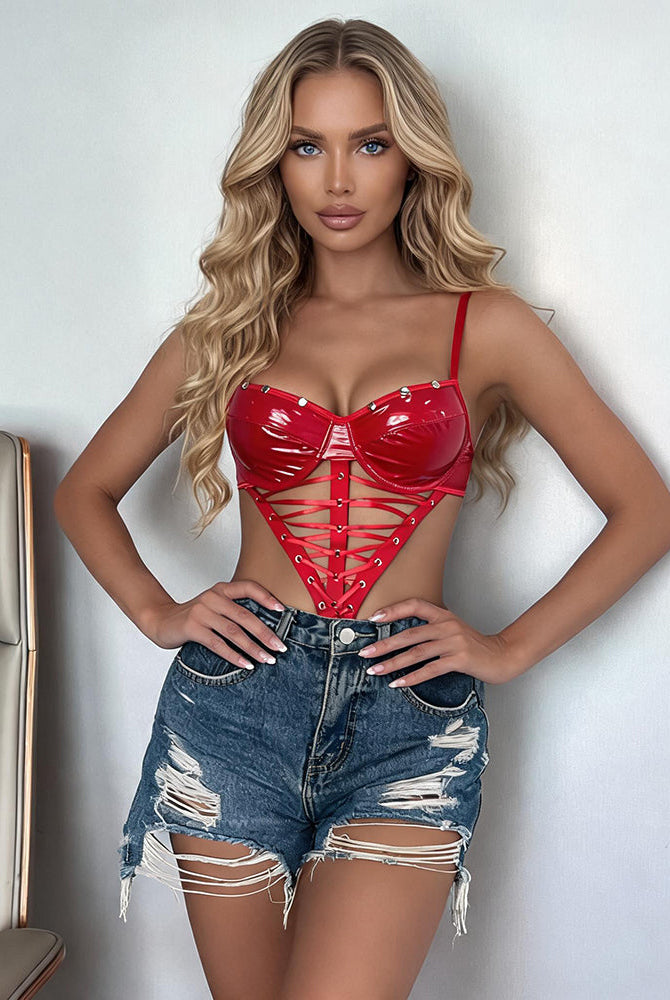 Red PVC patent corset bodysuit with underwire cups and front lace-up crisscross