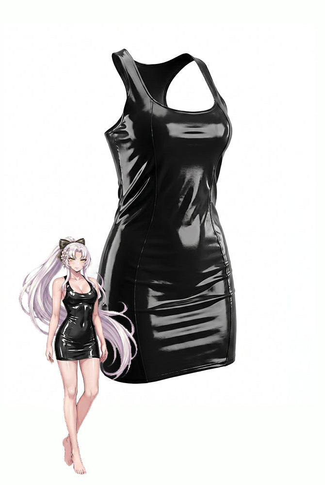Black patent racerback mini dress, sleeveless scoop neck, glossy PVC look