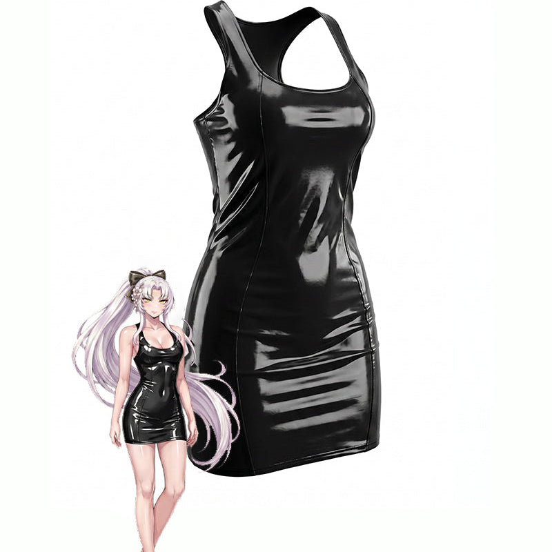 Black patent racerback mini dress, sleeveless scoop neck, glossy PVC look
