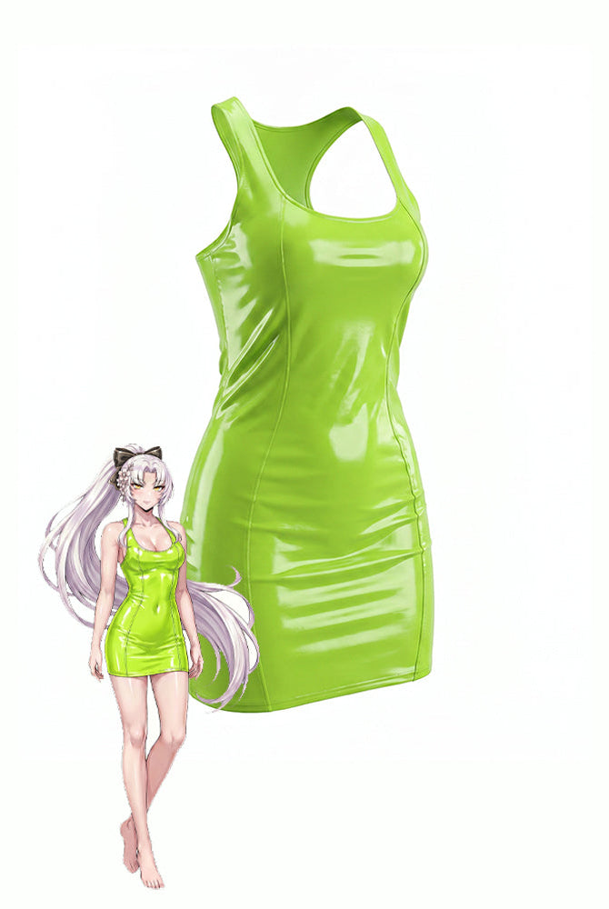 Green patent racerback mini dress, sleeveless scoop neck, glossy PVC look