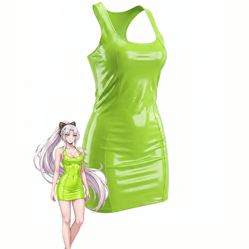 Green patent racerback mini dress, sleeveless scoop neck, glossy PVC look